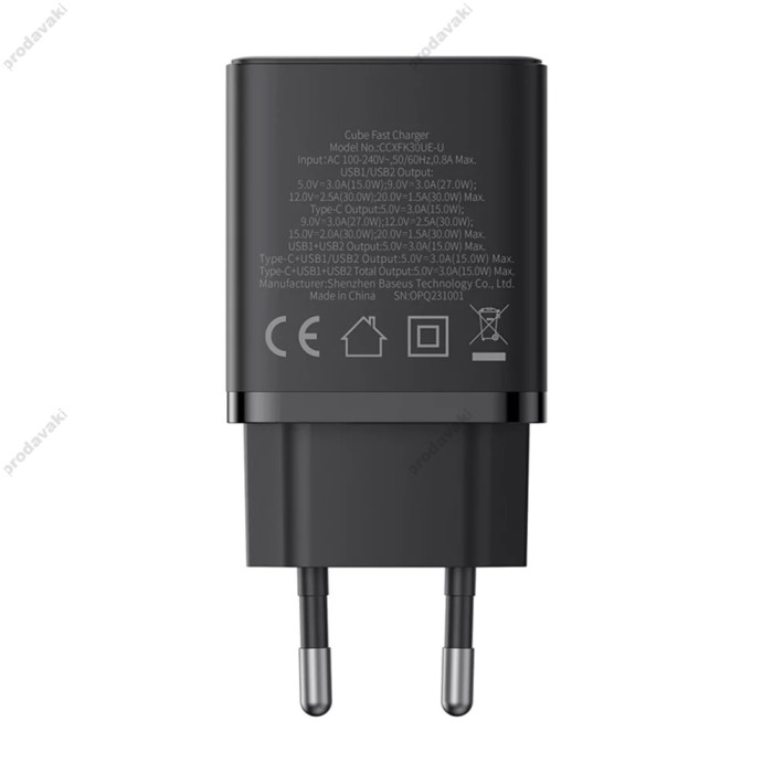 Мережевий зарядний пристрій Baseus Cube Fast Charger 2U+C 30W Cluster Black P10111402113-00